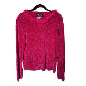 Rochelle Womens Hot Pink Fringed Crewneck Sweater Size Medium Bright Soft Cozy
